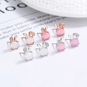 Cute 925 sterling silver bunny opal stud earrings with cubic zirconia in white and pink