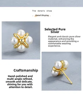 Detail of S925 sterling silver four-leaf clover pearl earrings with gold-plated setting