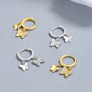 Créoles papillon en argent 925 avec double pendentifs en métal poli et cristaux