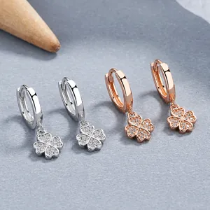 Pendientes de Aro con Trébol de Cuatro Hojas de Plata de Ley 925 para Mujer con Diamantes de Imitación Joyería Minimalista