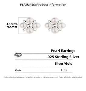 Detailed specs for 925 silver four-leaf pearl stud earrings with 9.5mm flower design