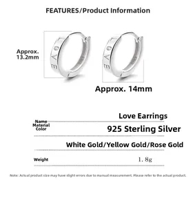 Detailed view of 925 sterling silver LOVE earrings with size specs and dimensions