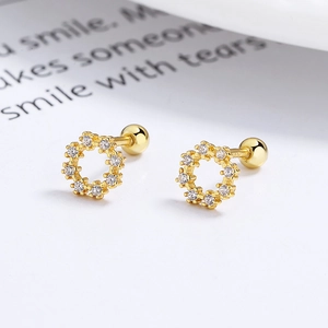 Pair of gold-plated 925 silver round zircon stud earrings with secure screw-on ball backs