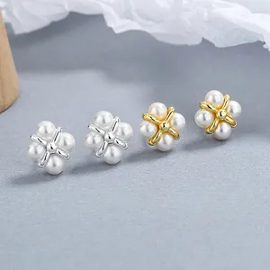 Elegant Four-Petal Flower Artificial Pearl Stud Earrings With 925 Sterling Silver Earring Post Minimalist Jewelry For Women
