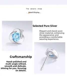 Détails macro de la boucle d'oreille trèfle en argent 925 avec zircon bleu incrusté