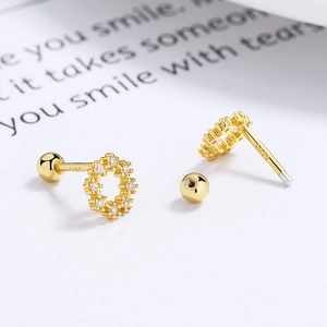 925 silver round zircon screw-back earrings with hollow gold finish for women