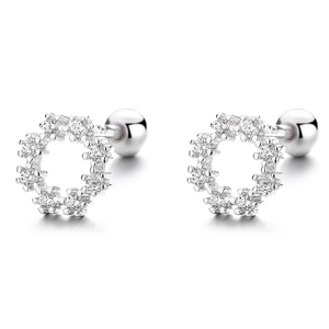 Sterling silver round cubic zirconia screw back stud earrings with a hollow wreath design