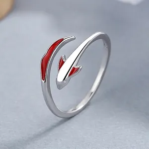 925 Sterling Silver Koi Fish Open Ring For Women Minimalist Red Enamel Animal Jewelry Adjustable Lucky Gift Finger Ring