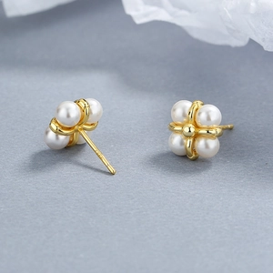 Elegant 925 sterling silver gold plated four-pearl stud earrings with S925 hallmark