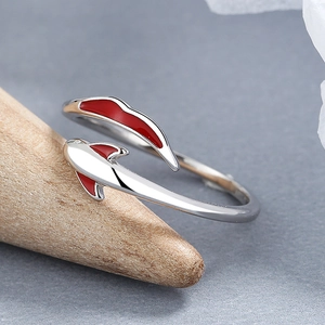 925 silver koi ring with red enamel dolphins and adjustable open band design