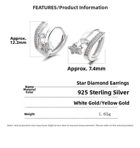925 sterling silver star hoop earrings with dimensions 12.2mm by 7.4mm and 1.65g weight