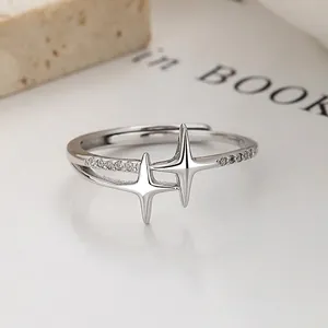 925 Sterlingsilber Kreuz Stern Offener Ring Für Damen Verstellbar Strass Funkeln Vierpunktstern Minimalistischer Fingerschmuck Geschenk