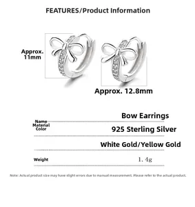 Schema dettagliato degli orecchini a fiocco in argento con dimensioni di 11mm x 12.8mm