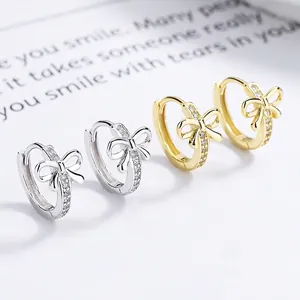 Orecchini a Cerchio con Fiocco in Argento Sterling 925 Dolce Pavé di Strass Orecchini a Cerchio Piccoli Eleganti per Donna