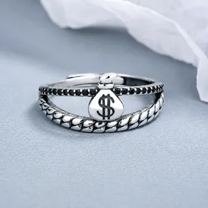 Vintage 925 sterling silver lucky bag open ring with black zircon and twist pattern