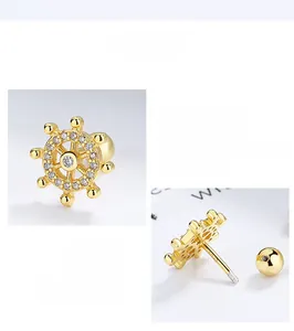 Detailed view of S925 sterling silver anchor stud earring with zircon inlay