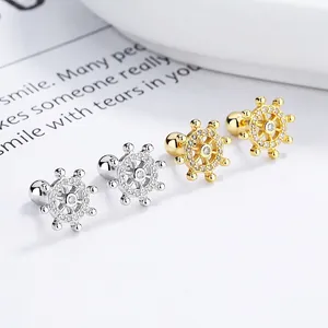 925 Sterling Silver Ship Helm Anchor Stud Earrings For Women Rhinestone Inlaid Screw Back Nautical Fashion Jewelry