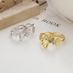 Bague Ouverte en Argent Sterling 925 Feuille de Ginkgo pour Femmes Minimaliste Strass Ajustable Tressée Bague de Doigt Cadeau Bijoux Élégant