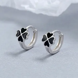 Boucles d'oreilles créoles trèfle en argent sterling S925 avec émail noir pour femme