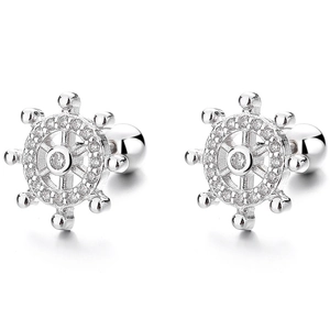 925 Sterling Silver nautical ship wheel stud earrings with sparkling white zircons