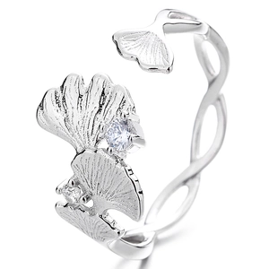 Bague en argent 925 feuille de ginkgo avec zircons et anneau tressé ouvert