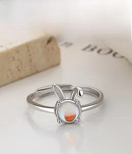 Detailed view of 925 sterling silver rabbit ring with moonstone and polished plating