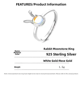 Features of rabbit moonstone ring in 925 sterling silver with adjustable open band
