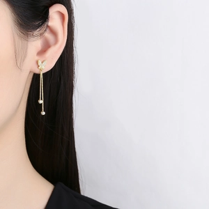 925 silver gold butterfly tassel earrings with sparkling crystals and long chains