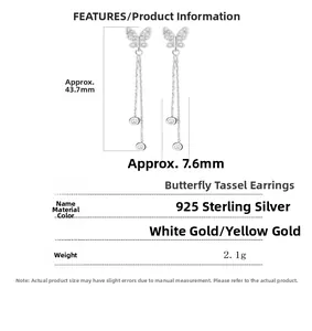 Detailed size specifications for 925 sterling silver butterfly tassel drop earrings