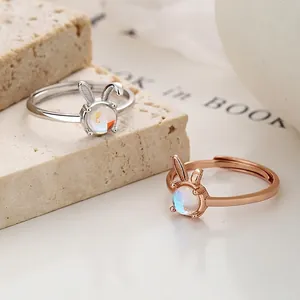 925 Sterling Silver Cute Rabbit Moonstone Open Ring For Women Adjustable Animal Ears Finger Ring Fashion Jewelry Gift