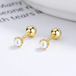 Elegant 925 sterling silver pearl stud earrings with secure gold-plated screw backs