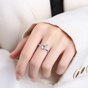 925 sterling silver rabbit ring with moonstone gemstone, minimalist open band for women