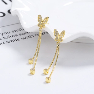 Elegant 925 silver butterfly tassel earrings with sparkling white cubic zirconia stones