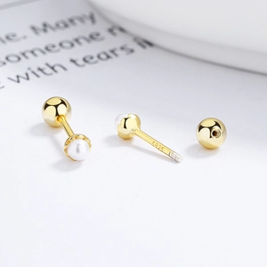 Minimalist 925 sterling silver pearl stud earrings with gold plating and screw back