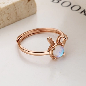 925 silver adjustable rabbit ring with moonstone in rose gold finish for women