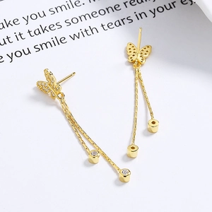 Elegant 925 silver butterfly tassel earrings with sparkling zircon stones in gold finish