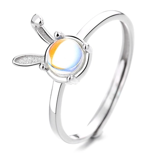 925 sterling silver rabbit moonstone open ring with iridescent round stone setting