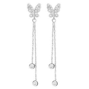 Elegant 925 sterling silver butterfly earrings with long tassels and sparkling zircon stones