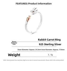 Macro view of S925 sterling silver rabbit ring with dimensions and weight specs