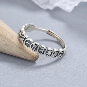 Vintage 925 sterling silver adjustable open ring with engraved Chinese characters