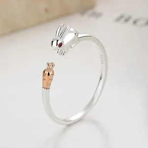 S925 Sterling Silver Cute Rabbit Carrot Open Ring For Women Adjustable Animal Rhinestone Minimalist Fashion Finger Jewelry