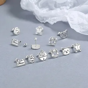 Orecchini a Bottone in Argento Sterling 925 Omino di Pan di Zenzero Orso per Donna Argento Thai Antico Chiusura a Vite Gioielli Animale
