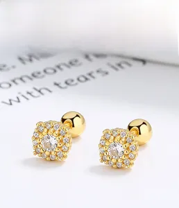 Detail of S925 sterling silver pave cubic zirconia stud earrings with screw ball backs