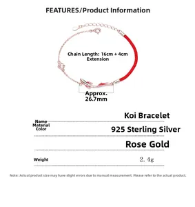 Detailed view of rose gold koi fish bracelet in 925 sterling silver with red woven rope