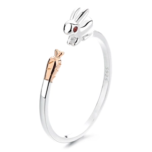 925 silver open ring with a polished bunny and rose gold carrot with red gemstone eye
