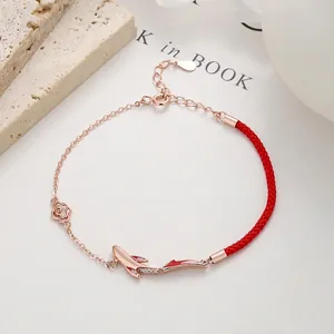 925 Sterling Silver Koi Fish Red String Bracelet For Women Rose Gold Plated Enamel Rhinestone Adjustable Lucky Jewelry