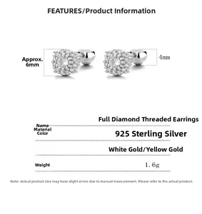 Detailed size and dimension chart for 925 sterling silver full diamond screw stud earrings