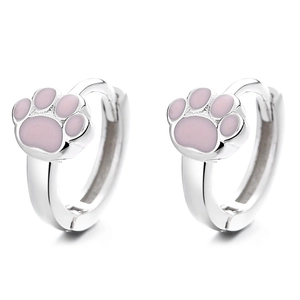 Pendientes de aro de plata 925 con huella de gato rosa y acabado brillante