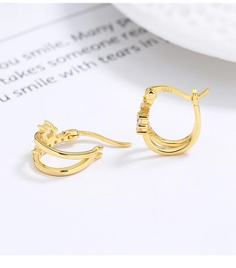 Vue macro de boucles d'oreilles en argent 925 doré avec doubles rangées de zircons blancs