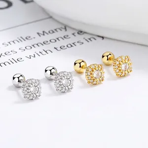 925 Sterling Silver Square Pave Rhinestone Stud Earrings For Women Elegant Halo Design Screw Back Fashion Jewelry Gift